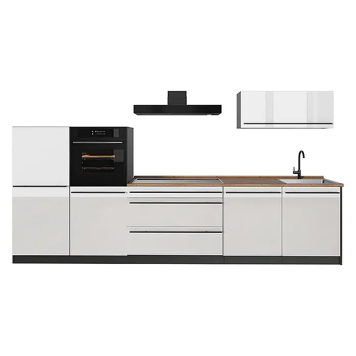 Küchenzeile R-Line 340 cm Weiß Hochglanz Art.-Nr. 66522 -  - Moderne Küchenzeile mit weißen Schränken, Holzarbeitsplatte, schwarzen Einbaugeräten und Wasserhahn.