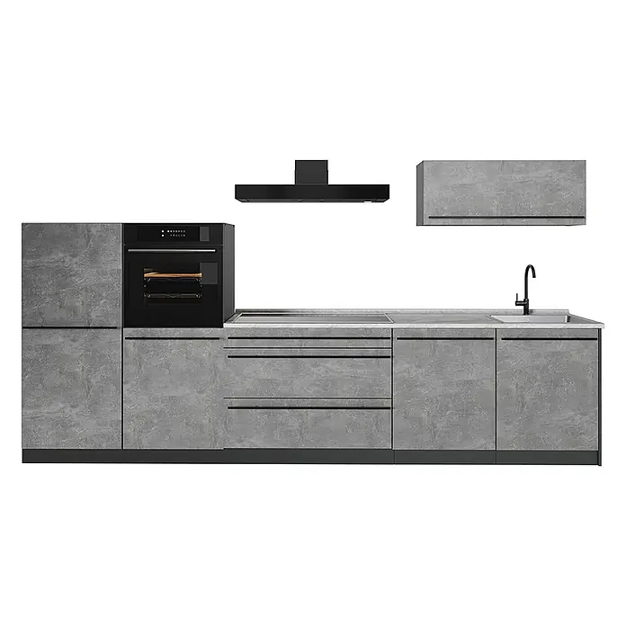 Küchenzeile R-Line 340 cm Beton Art.-Nr. 67288 -  - Moderne Küchenzeile in Betonoptik Grau mit integriertem schwarzem Backofen, Kochfeld, Spüle, Armatur und Dunstabzugshaube.