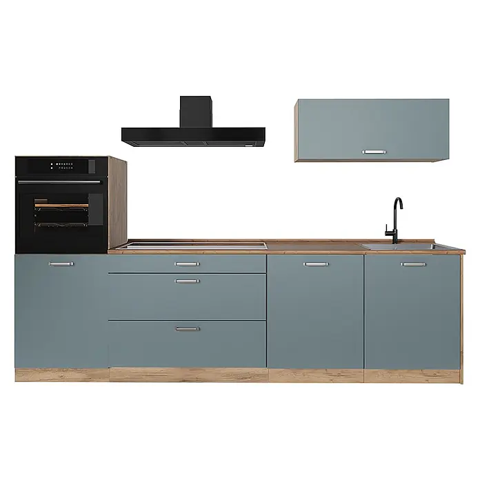 Küchenzeile R-Line 280 cm Blau-Grau Art.-Nr. 67258 -  - Moderne blau-graue Küchenzeile mit Holzplatte, Einbaubackofen, Kochfeld, Spüle, schwarzem Wasserhahn, Dunstabzugshaube und passendem Wandschrank.