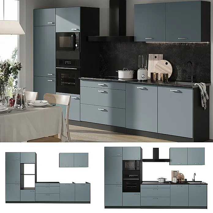 Küchenzeile R-Line 340 cm Blau-Grau Art.-Nr. 67336 -  - Moderne blau-graue und schwarze Küche mit integrierten Geräten, zeigt Unterschränke, Hängeschränke und Hochschränke.