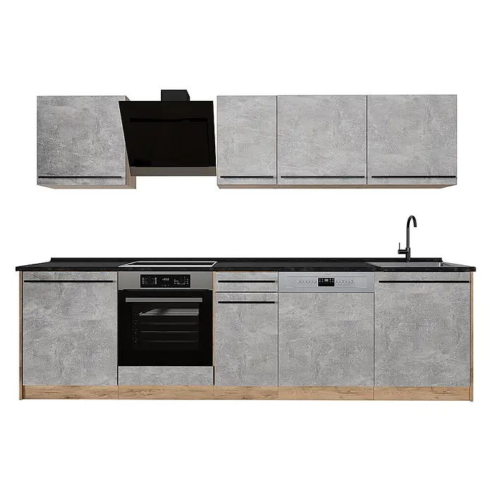 Küchenzeile R-Line 280 cm Beton Art.-Nr. 67165 -  - Moderne Küchenzeile mit grauem Beton-Look-Schränken, schwarzer Arbeitsplatte, integriertem Backofen, Kochfeld, Geschirrspüler, Spüle und Dunstabzugshaube.