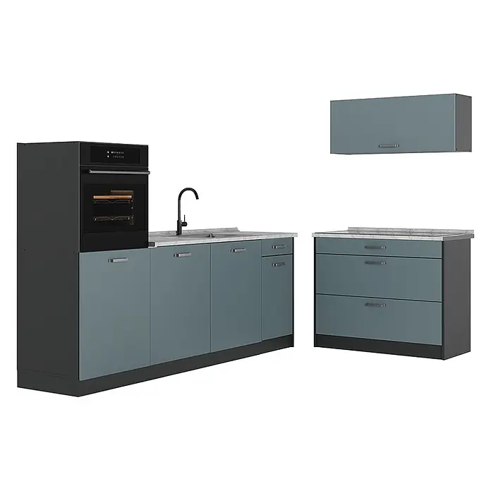 Küchenzeile R-Line 220 cm Blau-Grau Art.-Nr. 67423 -  - Modulare Küche in Dunkelgrau und Blau-Grau mit Ofen, Spüle und Schubladen.