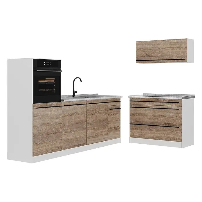 Küchenzeile R-Line 220 cm Sonoma Art.-Nr. 67455 -  - Modulare Küchenzeile mit weißen Schränken, hellen Holzfronten, schwarzen Griffen, integriertem Backofen, Spüle und schwarzem Wasserhahn.