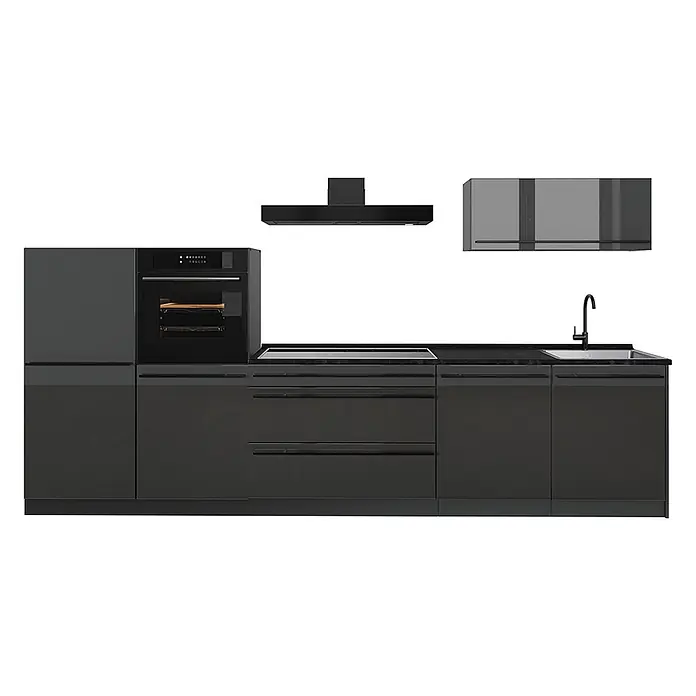 Küchenzeile R-Line 340 cm Anthrazit Hochglanz Art.-Nr. 66509 -  - Dunkelgraue/schwarze Modulküche mit integriertem Backofen, Induktionskochfeld, Spüle, Kühlschrankumbau, Dunstabzugshaube und Oberschränken.