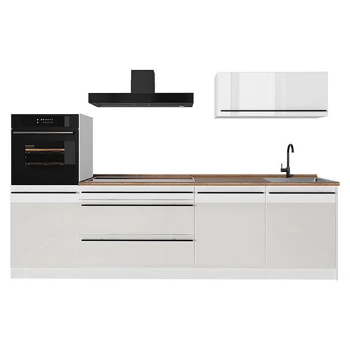 Küchenzeile R-Line 280 cm Weiß Hochglanz Art.-Nr. 66506 -  - Moderne Küche mit weißen Hochglanz-Unter- und Hängeschränken, Holzplatte, integriertem schwarzem Backofen, Kochfeld, Spüle mit schwarzer Armatur und schwarzer Dunstabzugshaube.