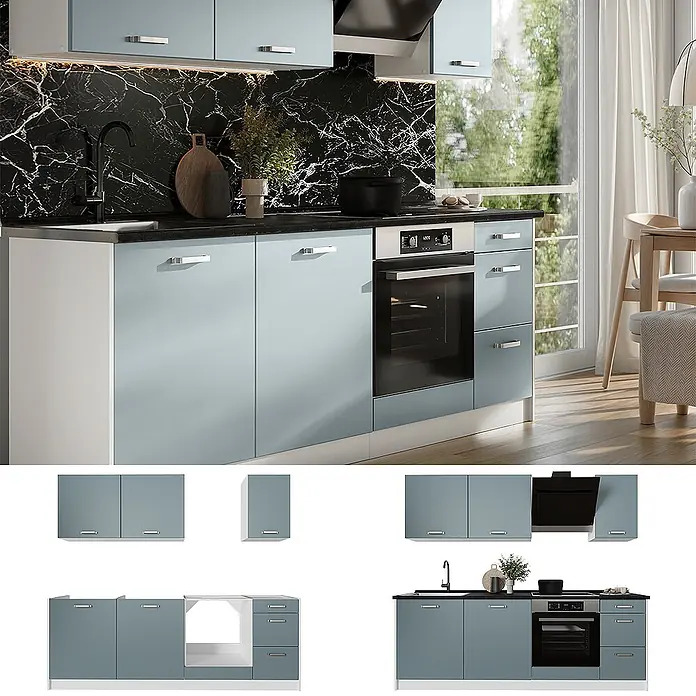 Küchenzeile R-Line 220 cm Blau-Grau Art.-Nr. 67142 -  - Moderne hellblaue Modulküche mit schwarzer Arbeitsplatte und marmorierter Rückwand, inklusive integriertem Backofen und Spüle.