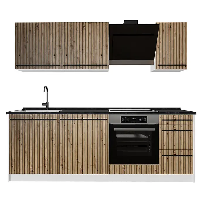 Küchenzeile R-Line 220 cm Artisan-Eiche Art.-Nr. 67133 -  - Moderne Küchenzeile mit geriffelten Holzschränken, schwarzer Arbeitsplatte, Spüle, Armatur und eingebautem Backofen und Kochfeld.