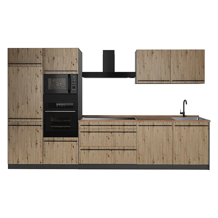 Küchenzeile R-Line 340 cm Artisan-Eiche Art.-Nr. 67326 -  - Moderne Küchenzeile mit hellen Lattenholzschränken, schwarzen Geräten (Backofen, Mikrowelle, Kochfeld, Dunstabzug) und dunkler Arbeitsplatte mit Spüle.