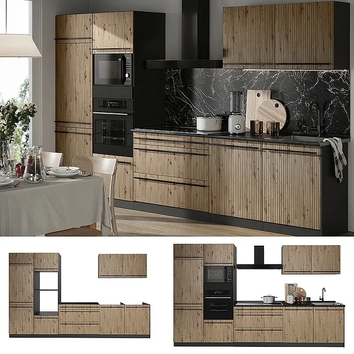 Küchenzeile R-Line 340 cm Artisan-Eiche Art.-Nr. 67326 -  - Gerippte Holz Küchenschränke mit schwarzen Arbeitsplatten und integrierten Geräten.