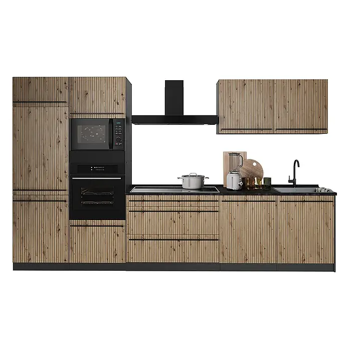 Küchenzeile R-Line 340 cm Artisan-Eiche Art.-Nr. 67326 -  - Moderne Küchenzeile mit Holzlamellenfronten, schwarzer Arbeitsplatte, Geräten (Ofen, Mikrowelle, Kochfeld) und Spüle.