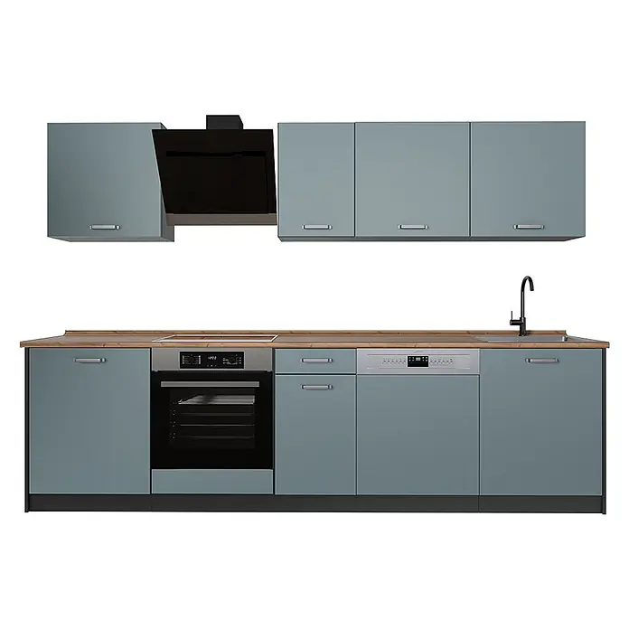 Küchenzeile R-Line 280 cm Blau-Grau Art.-Nr. 67158 -  - Moderne hellblau-grüne Küchenzeile mit Holzarbeitsplatte, integriertem Ofen, Kochfeld, Dunstabzugshaube, Spüle und Geschirrspüler.