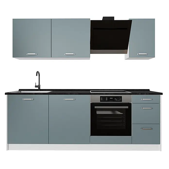 Küchenzeile R-Line 220 cm Blau-Grau Art.-Nr. 67141 -  - Blaugraue Modulküche mit schwarzer Arbeitsplatte, integrierter Spüle, Backofen und Dunstabzugshaube.