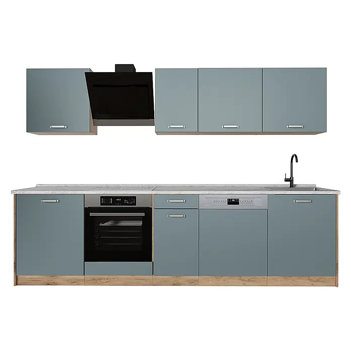 Küchenzeile R-Line 280 cm Blau-Grau Art.-Nr. 67171 -  - Moderne blaugraue Küchenzeile mit heller Holzoptik-Basis, integriertem Backofen, Geschirrspüler, Spüle, Kochfeld und schwarzer Dunstabzugshaube.