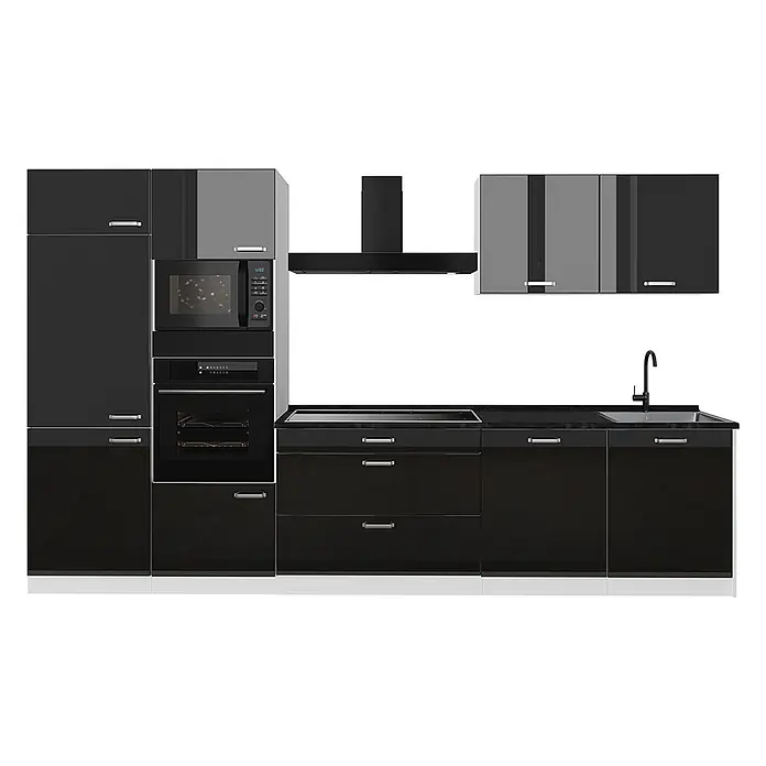 Küchenzeile R-Line 340 cm Schwarz Hochglanz Art.-Nr. 66589 -  - Schwarze Hochglanz-Einbauküche mit Backofen, Mikrowelle, Kochfeld, Spüle, Dunstabzugshaube, Schränken und Schubladen.