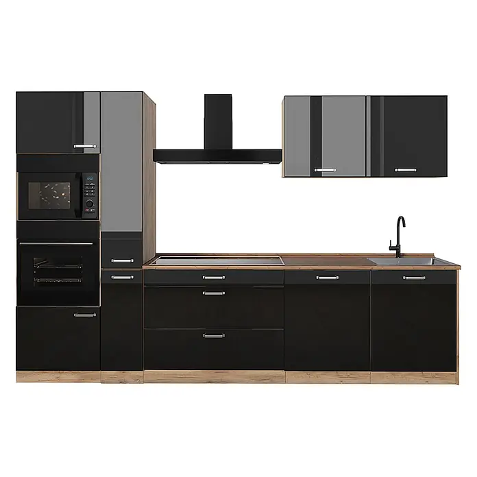 Küchenzeile R-Line 310 cm Schwarz Hochglanz Art.-Nr. 66446 -  - Moderne schwarz-graue Küchenzeile mit Holzakzenten, integrierter Mikrowelle, Backofen, Kochfeld, Spüle und Dunstabzugshaube.