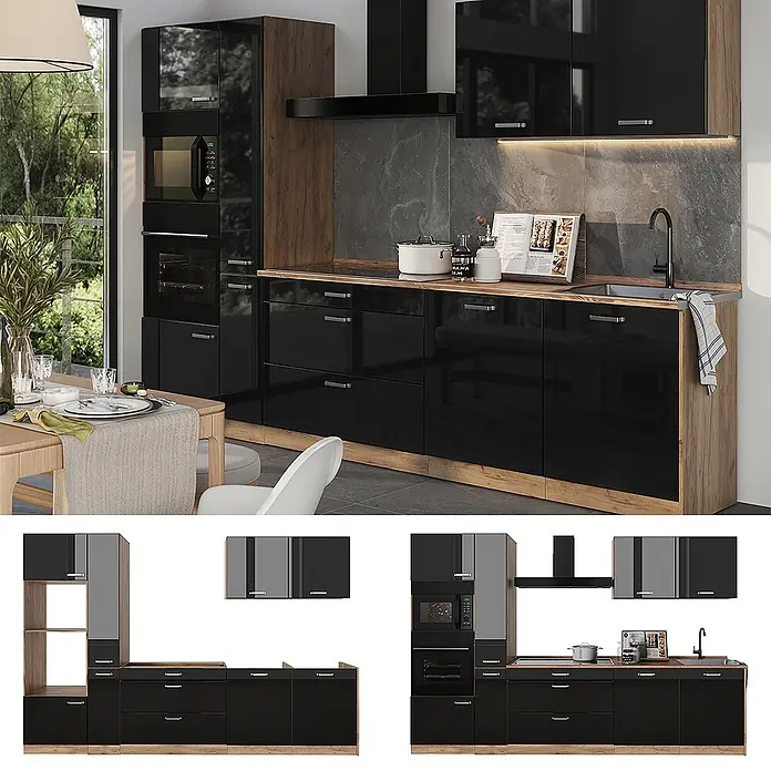 Küchenzeile R-Line 310 cm Schwarz Hochglanz Art.-Nr. 66446 -  - Moderne schwarzglänzende Küche mit Holzdekor-Oberflächen. Mit integrierter Mikrowelle, Backofen und Kochfeld.