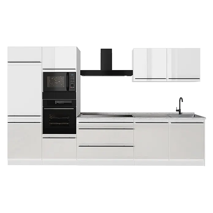 Küchenzeile R-Line 340 cm Weiß Hochglanz Art.-Nr. 66595 -  - Moderne weiße Küchenzeile mit integrierten schwarzen Geräten, Spüle und Dunstabzugshaube.