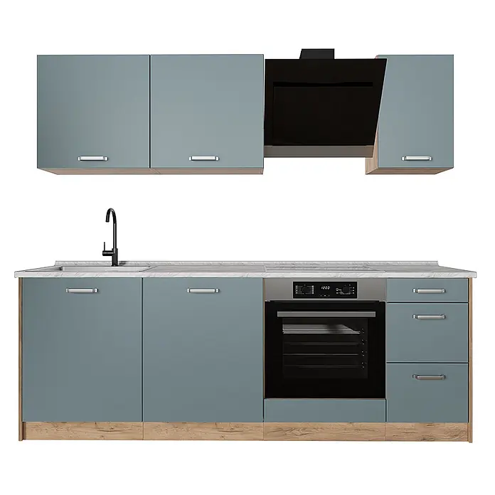 Küchenzeile R-Line 220 cm Blau-Grau Art.-Nr. 67127 -  - Modulare Küche mit blaugrauen Schränken, hellem Holzsockel, heller Arbeitsplatte und schwarzen Geräten.