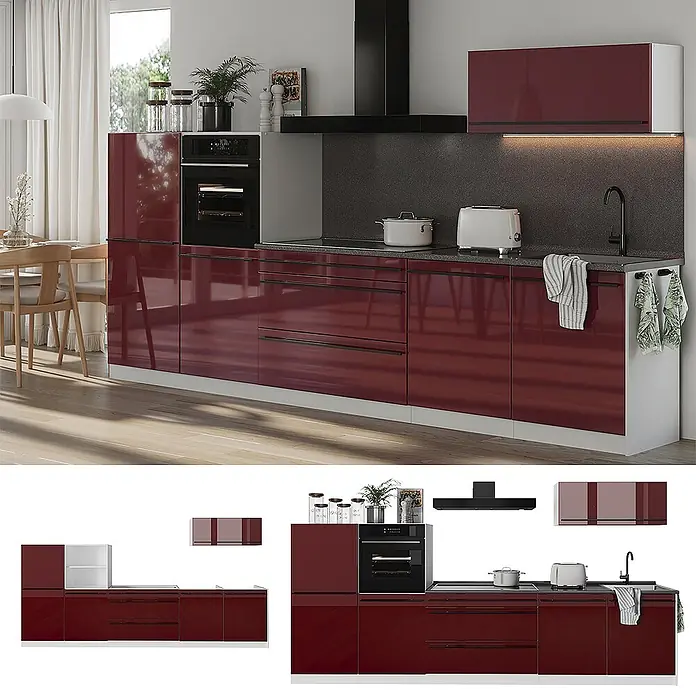 Küchenzeile R-Line 340 cm Rot Hochglanz Art.-Nr. 66541 -  - Glänzende burgunderrote Küche mit schwarzer Arbeitsplatte und integriertem Ofen in modernem Ambiente.