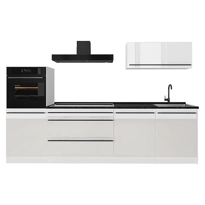 Küchenzeile R-Line 280 cm Weiß Hochglanz Art.-Nr. 66505 -  - Moderne Küchenzeile mit weißen Hochglanzschränken, schwarzer Arbeitsplatte, Einbauofen, Kochfeld, Spüle, Armatur, Dunstabzugshaube und Oberschränken.