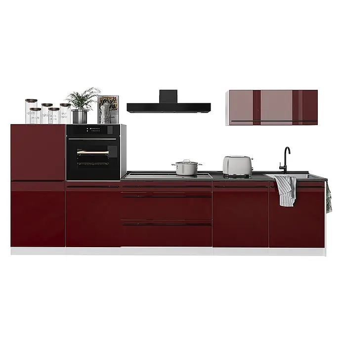 Küchenzeile R-Line 340 cm Rot Hochglanz Art.-Nr. 66541 -  - Moderne Einbauküche mit hochglänzenden weinroten Schränken, integriertem schwarzem Backofen, Kochfeld, Spüle und Dunstabzugshaube.