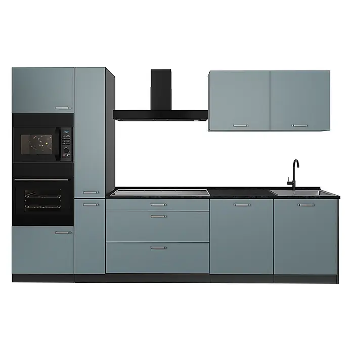 Küchenzeile R-Line 310 cm Blau-Grau Art.-Nr. 67201 -  - Moderne, blau-graue Modulküche mit Einbauherd, Mikrowelle, Induktionskochfeld, Spüle und schwarzer Dunstabzugshaube.