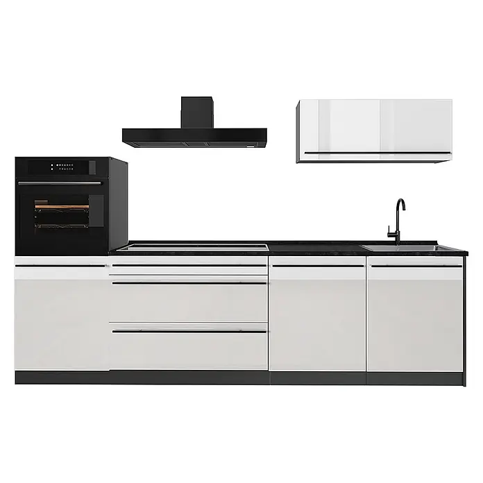Küchenzeile R-Line 280 cm Weiß Hochglanz Art.-Nr. 66477 -  - Moderne weiße Küche mit schwarzer Arbeitsplatte, Einbauofen, Kochfeld, Dunstabzugshaube, Spüle und Hängeschrank.
