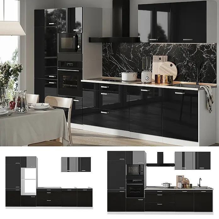 Küchenzeile R-Line 340 cm Schwarz Hochglanz Art.-Nr. 66592 -  - Moderne Küche mit hochglänzenden schwarzen Schränken, integrierten Geräten und Marmor-Rückwand. Eine komplette Kücheneinrichtung im Essbereich.