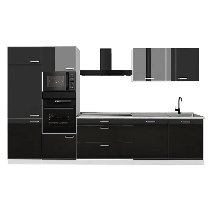 Küchenzeile R-Line 340 cm Schwarz Hochglanz Art.-Nr. 66592 -  - Moderne Hochglanzküche in Schwarz und Grau mit eingebauter Mikrowelle, Ofen, Kochfeld, Spüle und Dunstabzugshaube.