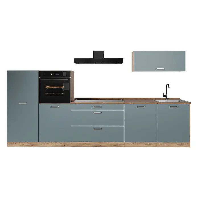 Küchenzeile R-Line 340 cm Blau-Grau Art.-Nr. 67302 -  - Moderne blau-graue Küchenzeile mit Holzdetails, integriertem Backofen, Kochfeld, Spüle und Dunstabzugshaube.