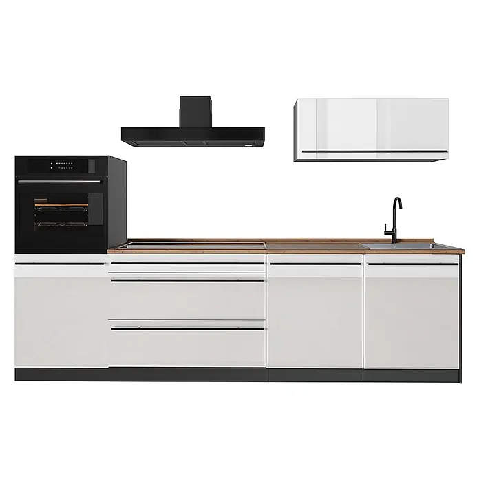 Küchenzeile R-Line 280 cm Weiß Hochglanz Art.-Nr. 66478 -  - Moderne Küchenzeile mit weißen Hochglanzschränken, Holzarbeitsplatte und schwarzen Geräten: Backofen, Kochfeld, Spüle, Dunstabzugshaube.