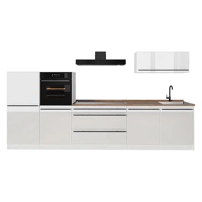 Küchenzeile R-Line 340 cm Weiß Hochglanz Art.-Nr. 66550 -  - Moderne weiße Küchenzeile mit integriertem schwarzem Backofen, Kochfeld, Spüle und Dunstabzug, mit einer Holzarbeitsplatte.