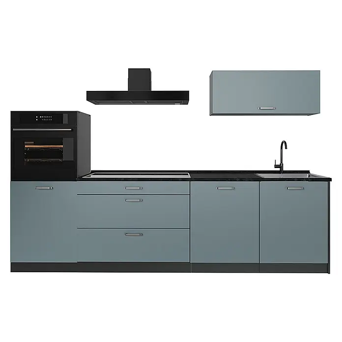 Küchenzeile R-Line 280 cm Blau-Grau Art.-Nr. 67245 -  - Moderne blau-graue Küchenzeile mit schwarzem Backofen, Kochfeld, Dunstabzugshaube und Spüle mit Armatur, mit dunkler Arbeitsplatte.