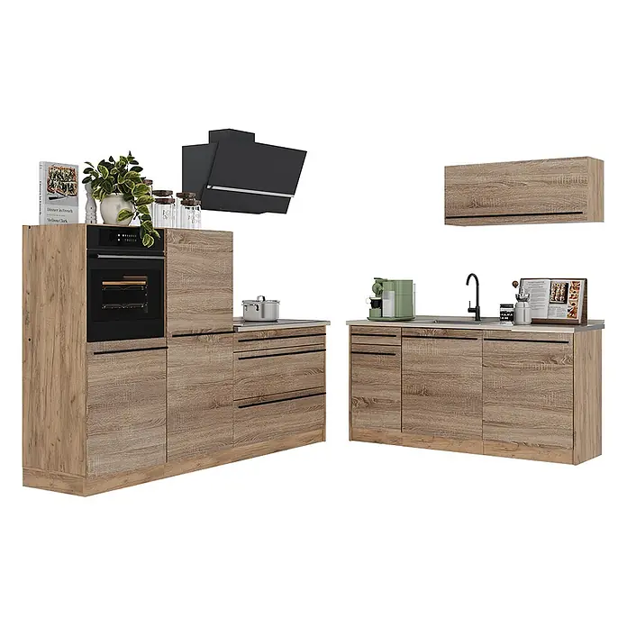 Küchenzeile R-Line 220 cm Sonoma Art.-Nr. 67100 -  - Helle Holzmaserung Küchenzeile mit integriertem Backofen, Kochfeld, Spüle und schwarzen Griffen. Inkl. Hängeschränke und Dunstabzugshaube.
