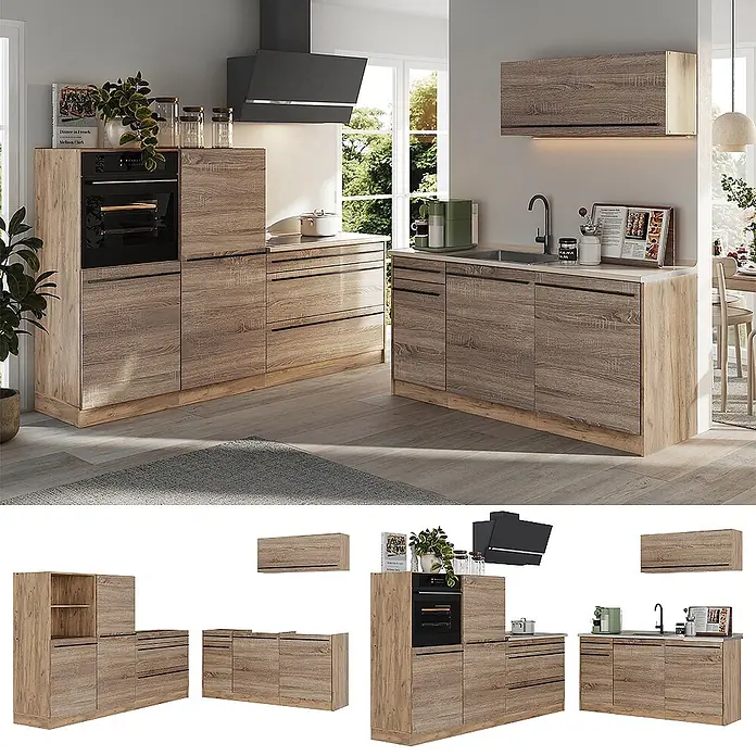 Küchenzeile R-Line 220 cm Sonoma Art.-Nr. 67100 -  - Moderne modulare Küchenzeile in heller Eichenoptik mit verschiedenen Schränken und Schubladen.