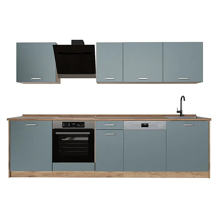 Küchenzeile R-Line 280 cm Blau-Grau Art.-Nr. 67170 -  - Moderne Modulküche in Schieferblau mit Holzoptik-Arbeitsplatten, integriertem Backofen, Kochfeld, Spüle und Geschirrspüler.