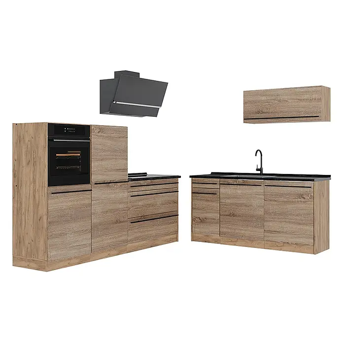 Küchenzeile R-Line 220 cm Sonoma Art.-Nr. 67100 -  - Modulare Küche mit hellen Holzmaserungsschränken, schwarzen Arbeitsplatten, integriertem Ofen, Spüle und dunlgrauer Abzugshaube.