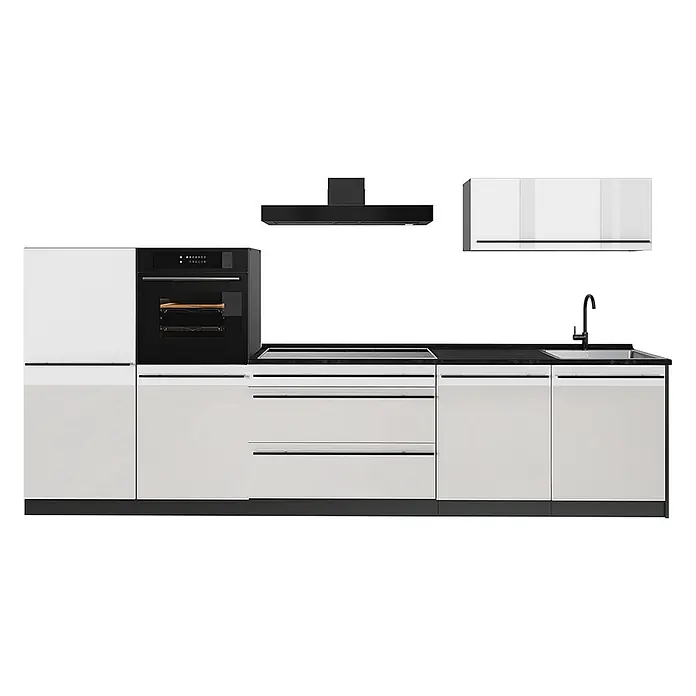 Küchenzeile R-Line 340 cm Weiß Hochglanz Art.-Nr. 66521 -  - Moderne weiß-schwarze Küchenzeile mit integriertem Backofen, Kochfeld, Spüle, Dunstabzugshaube und Oberschränken.