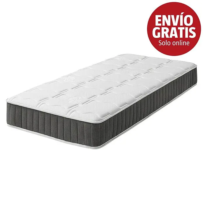 Unique Colchón Indo - Largo: 190 cm, Ancho: 135 cm, Altura: 22 cm, Núcleo de muelles - Colchón blanco acolchado con laterales acanalados gris oscuro y ribete blanco.
