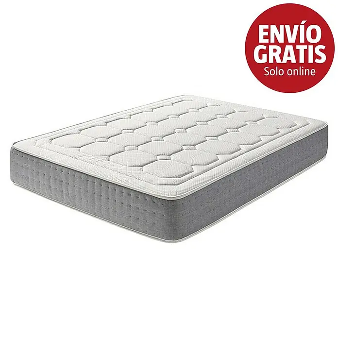 Unique Colchón Supper - Largo: 190 cm, Ancho: 135 cm, Altura: 29 cm, Colchón a 2 caras, Núcleo de muelles - Colchón rectangular con superficie superior acolchada blanca y paneles laterales grises, acentuado con ribetes blancos.