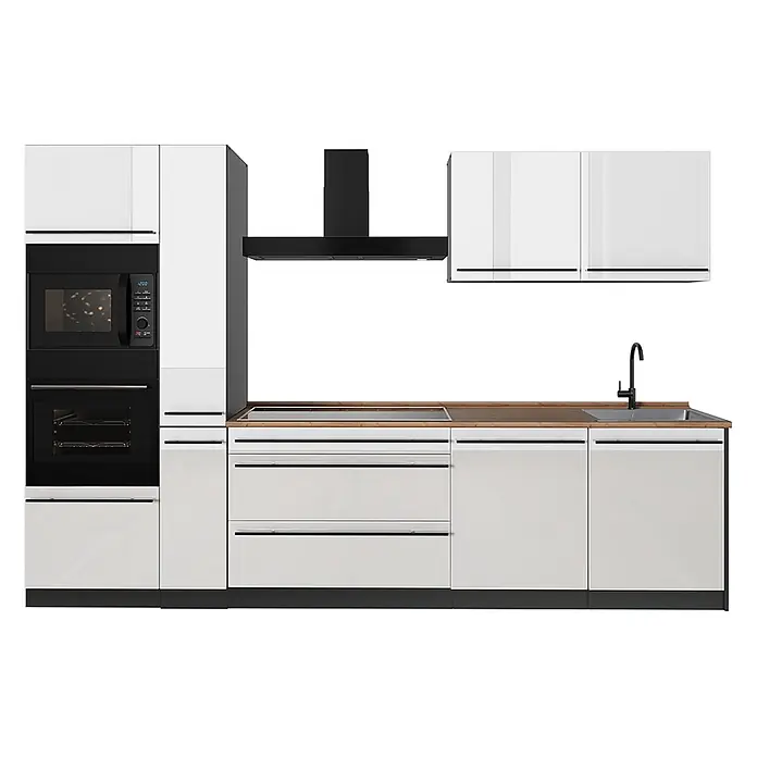 Küchenzeile R-Line 310 cm Weiß Hochglanz Art.-Nr. 66434 -  - Moderne Küchenzeile mit weißen Hochglanzfronten, schwarzen Einbaugeräten, Arbeitsplatte in Holzoptik und Spüle mit schwarzer Armatur.