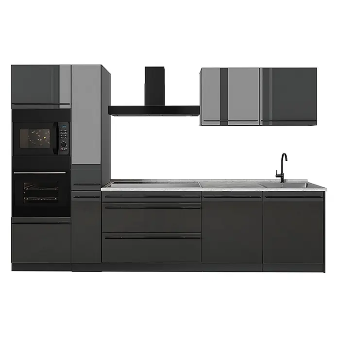 Küchenzeile R-Line 310 cm Anthrazit Hochglanz Art.-Nr. 66423 -  - Moderne dunkelgraue Modulküche mit integriertem Backofen, Mikrowelle, Induktionskochfeld, Spüle und Dunstabzugshaube.