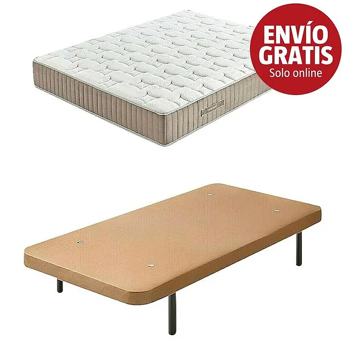 Unique Estructura de cama y colchón Toronto - L x An: 190 x 105 cm, Beige, Núcleo de muelles, Colchón a 2 caras/Antiácaros/Transpirable - Colchón acolchado blanco y base de cama sólida marrón claro con patas negras. Gráfico rojo: "ENVÍO GRATIS Solo online".