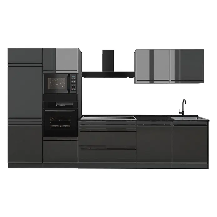 Küchenzeile R-Line 340 cm Anthrazit Hochglanz Art.-Nr. 66553 -  - Elegante, dunkelgraue Küchenzeile mit integriertem Kühlschrank, Mikrowelle, Backofen, Kochfeld und Spüle.