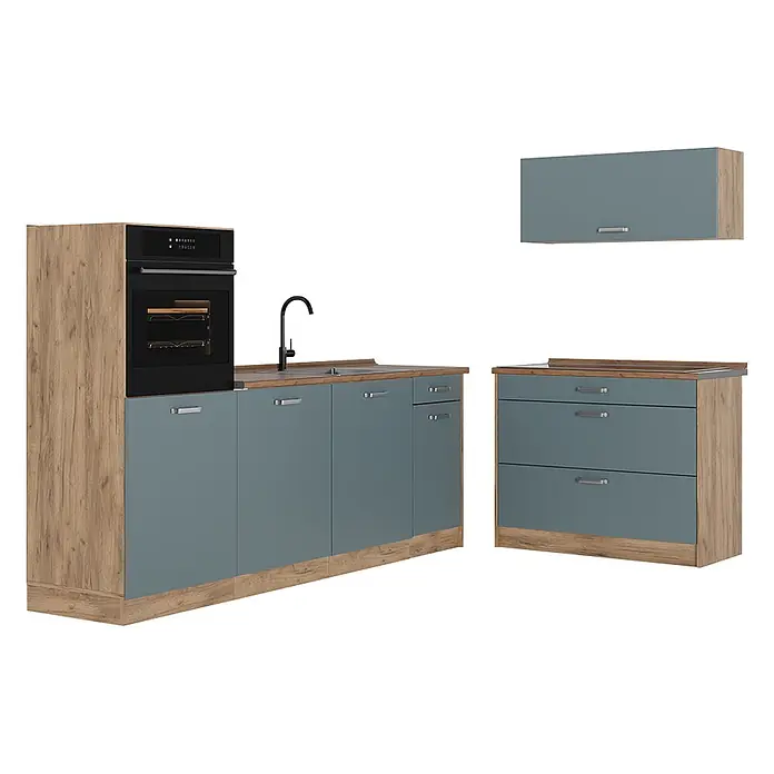 Küchenzeile R-Line 220 cm Blau-Grau Art.-Nr. 67434 -  - Moderne Küchenzeile mit blaugrauen Schränken, Holzoptik-Arbeitsplatten und integriertem Backofen.
