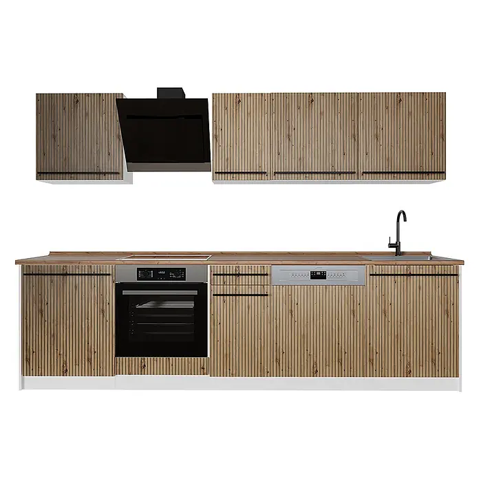 Küchenzeile R-Line 280 cm Artisan-Eiche Art.-Nr. 67180 -  - Moderne Küchenzeile mit geriffelten hellen Holzschränken, dunkler Arbeitsplatte, integriertem Backofen, Kochfeld, Geschirrspüler, Spüle und Dunstabzugshaube.