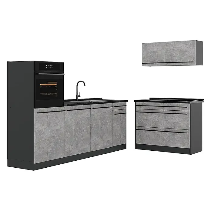 Küchenzeile R-Line 220 cm Beton Art.-Nr. 67417 -  - Modulare Küchenzeile mit grauen Betonoptik-Schränken, schwarzen Rahmen, integriertem Backofen und Spüle.