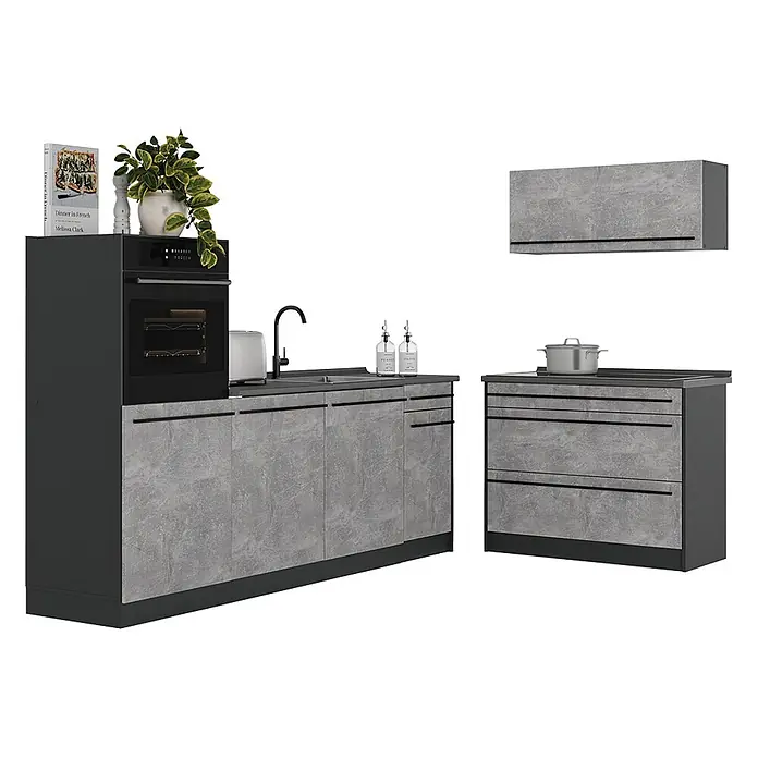 Küchenzeile R-Line 220 cm Beton Art.-Nr. 67417 -  - Modulare Küche in Betongrau-Optik mit schwarzen Rahmen und Griffen.