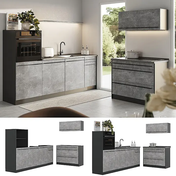 Küchenzeile R-Line 220 cm Beton Art.-Nr. 67417 -  - Moderne Küche mit grauen Betonoptik-Schränken und schwarzen Elementen, mit Spüle, Backofen und Schubladen.