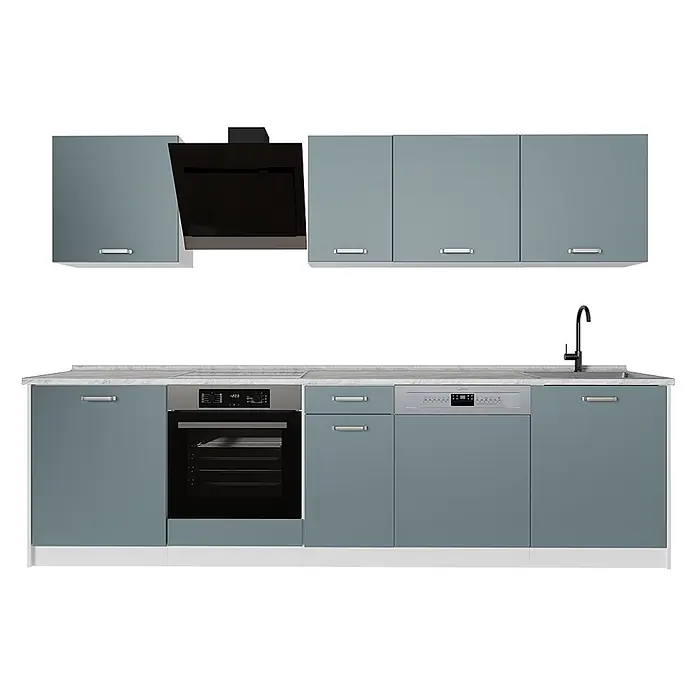 Küchenzeile R-Line 280 cm Blau-Grau Art.-Nr. 67187 -  - Blaugraue Modulküche mit heller Arbeitsplatte, integriertem Backofen, Geschirrspüler, Kochfeld, schwarzer Dunstabzugshaube und Wasserhahn.